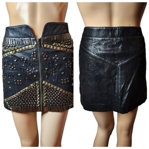 Ladakh faux leather embellished mini skirt. Black bronze. Size 8. Front zip.